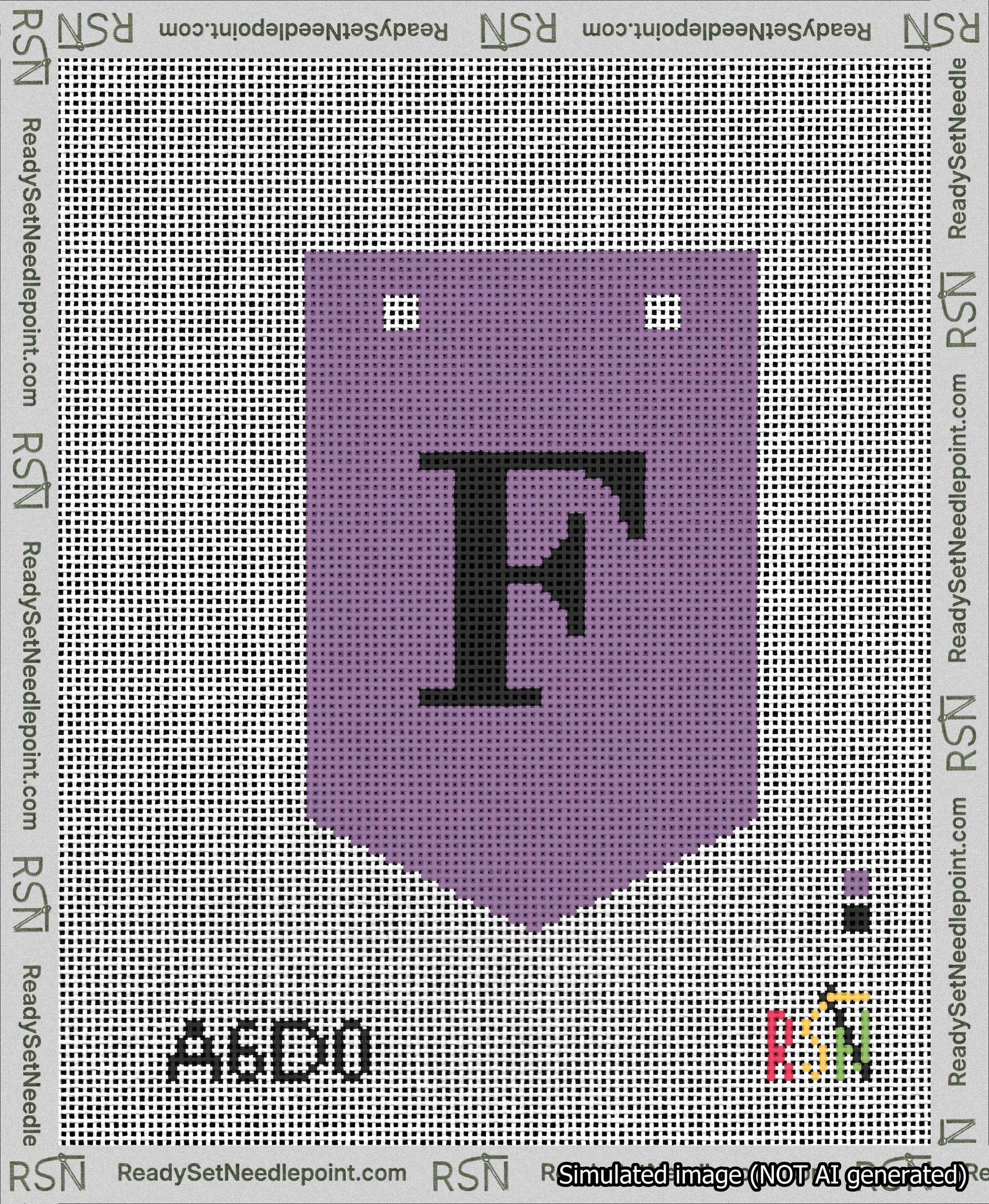 A taped needlepoint canvas with the design: Banner 13 mesh count Pointed F Black on Purple.