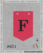 A taped needlepoint canvas with the design: Banner 13 mesh count Pointed F Black on Red.