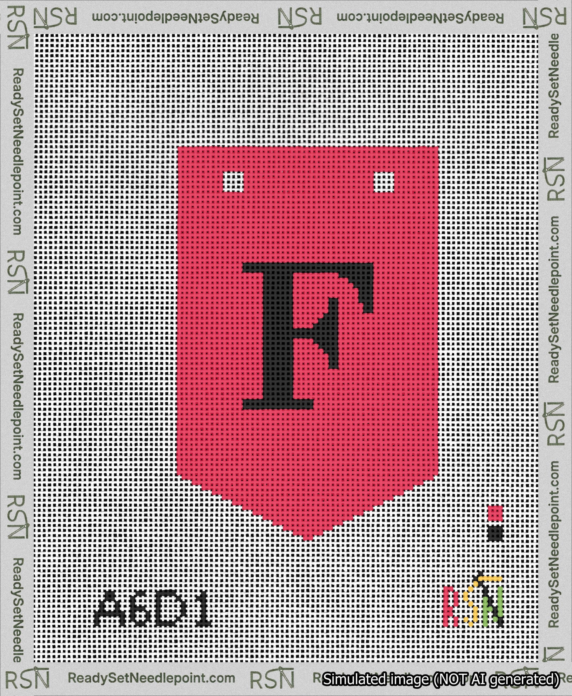 A taped needlepoint canvas with the design: Banner 13 mesh count Pointed F Black on Red.