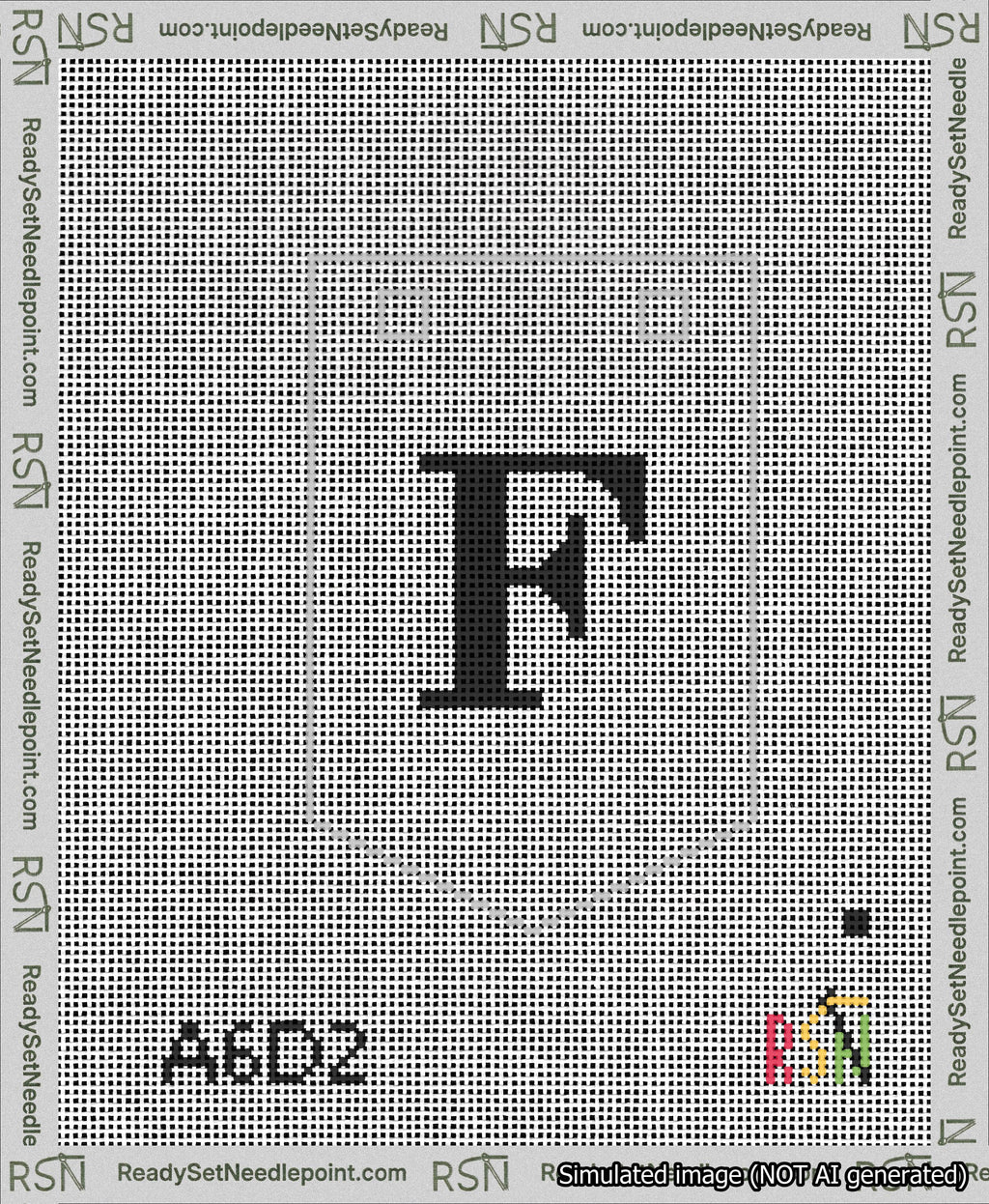 A taped needlepoint canvas with the design: Banner 13 mesh count Pointed F Black on White.