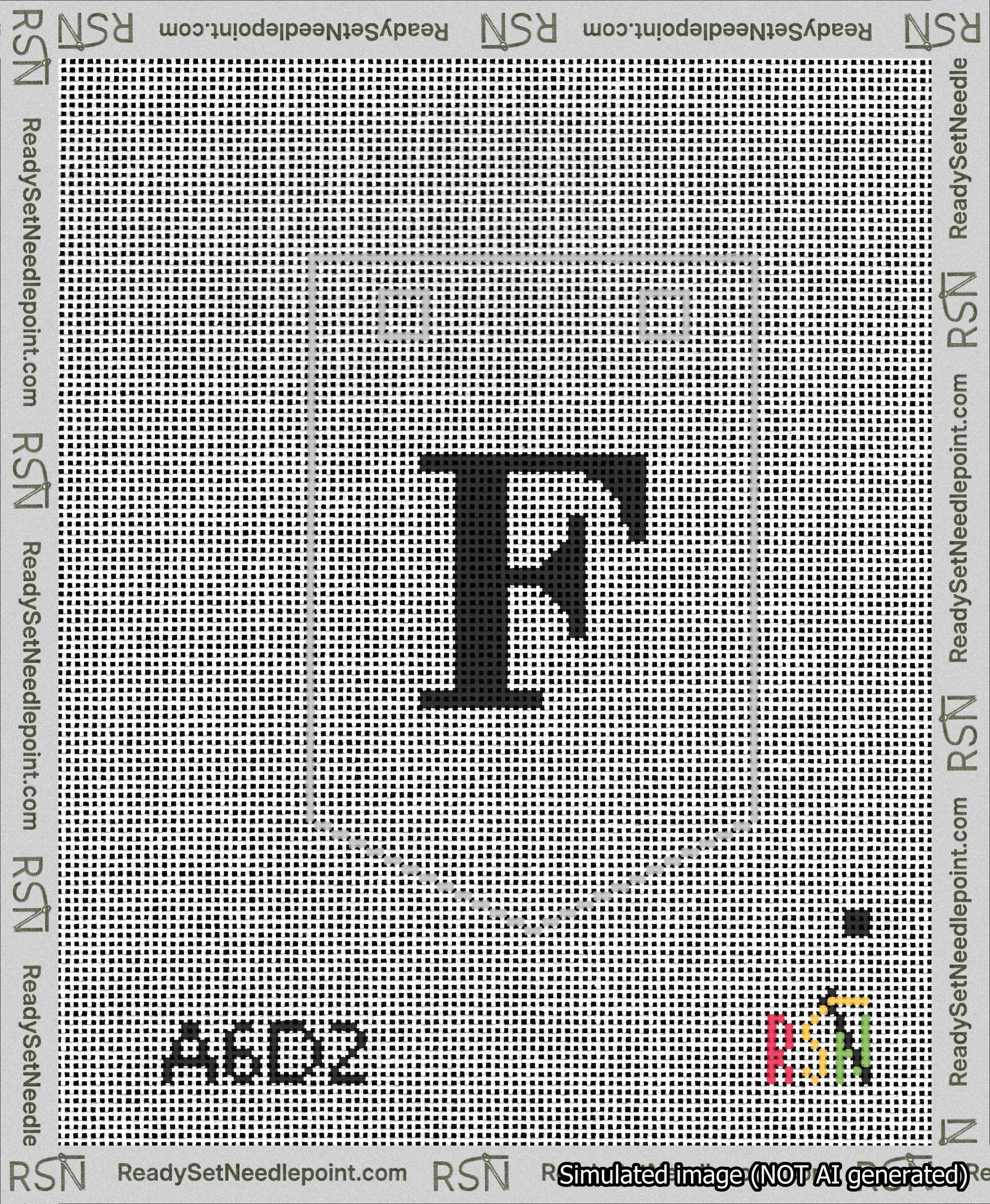 A taped needlepoint canvas with the design: Banner 13 mesh count Pointed F Black on White.