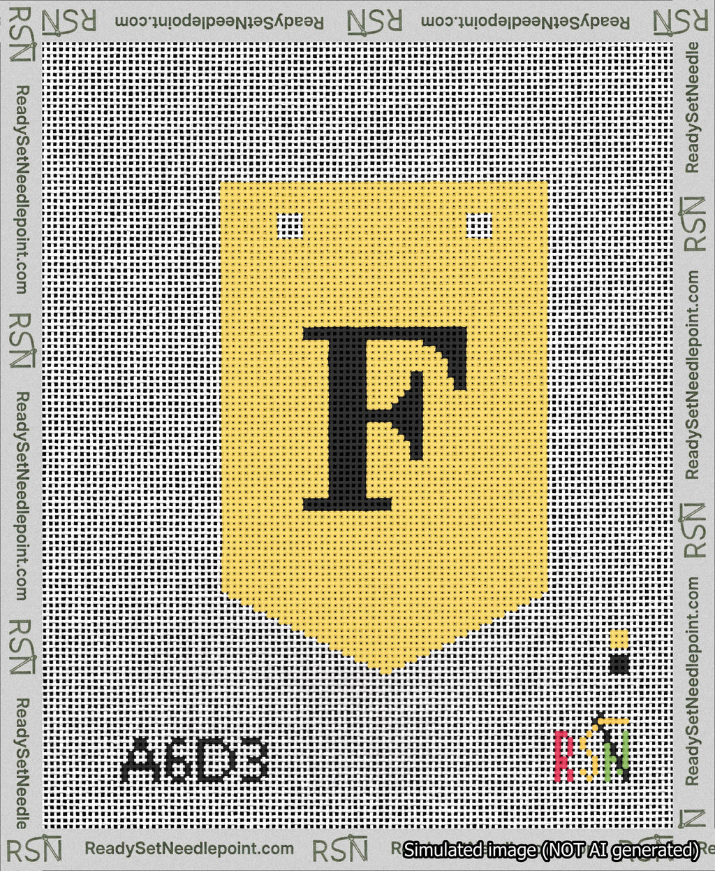 A taped needlepoint canvas with the design: Banner 13 mesh count Pointed F Black on Yellow.