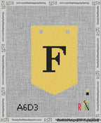 A taped needlepoint canvas with the design: Banner 13 mesh count Pointed F Black on Yellow.