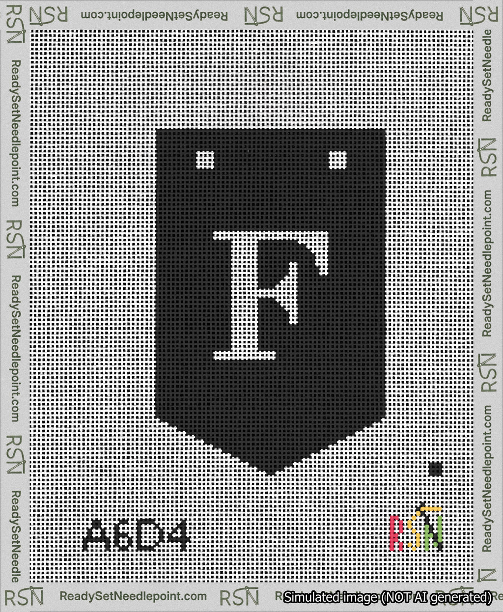 A taped needlepoint canvas with the design: Banner 13 mesh count Pointed F White on Black.