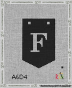 A taped needlepoint canvas with the design: Banner 13 mesh count Pointed F White on Black.