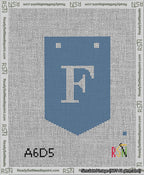 A taped needlepoint canvas with the design: Banner 13 mesh count Pointed F White on Blue.