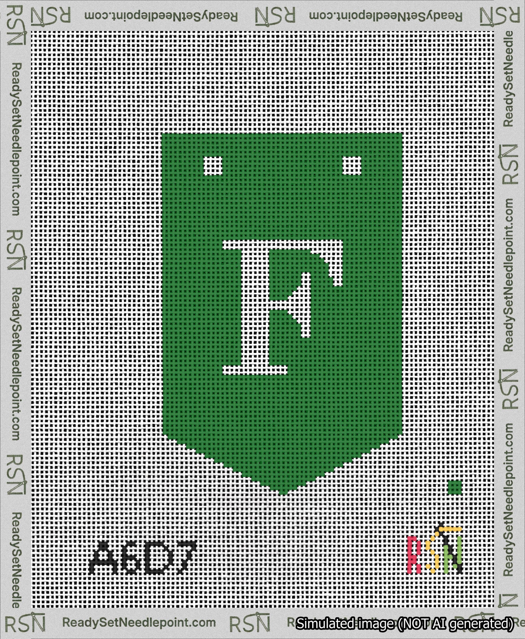 A taped needlepoint canvas with the design: Banner 13 mesh count Pointed F White on Green.