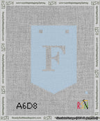 A taped needlepoint canvas with the design: Banner 13 mesh count Pointed F White on Light Blue.