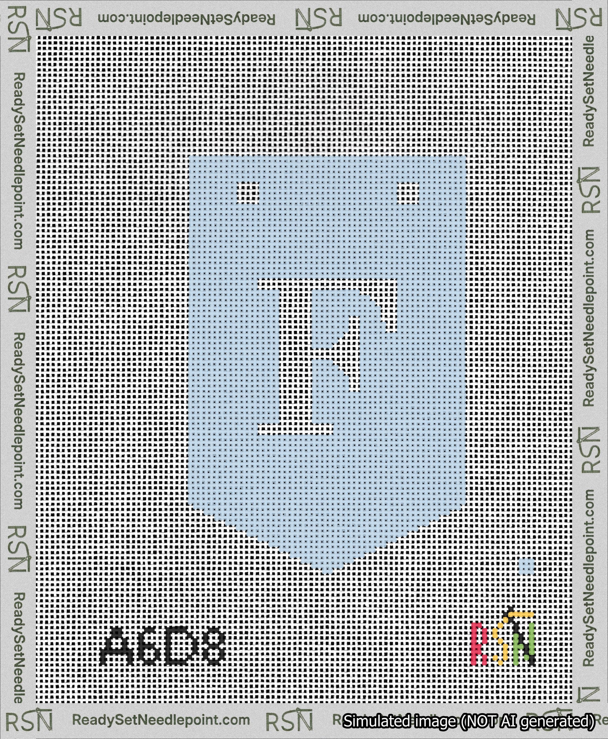 A taped needlepoint canvas with the design: Banner 13 mesh count Pointed F White on Light Blue.