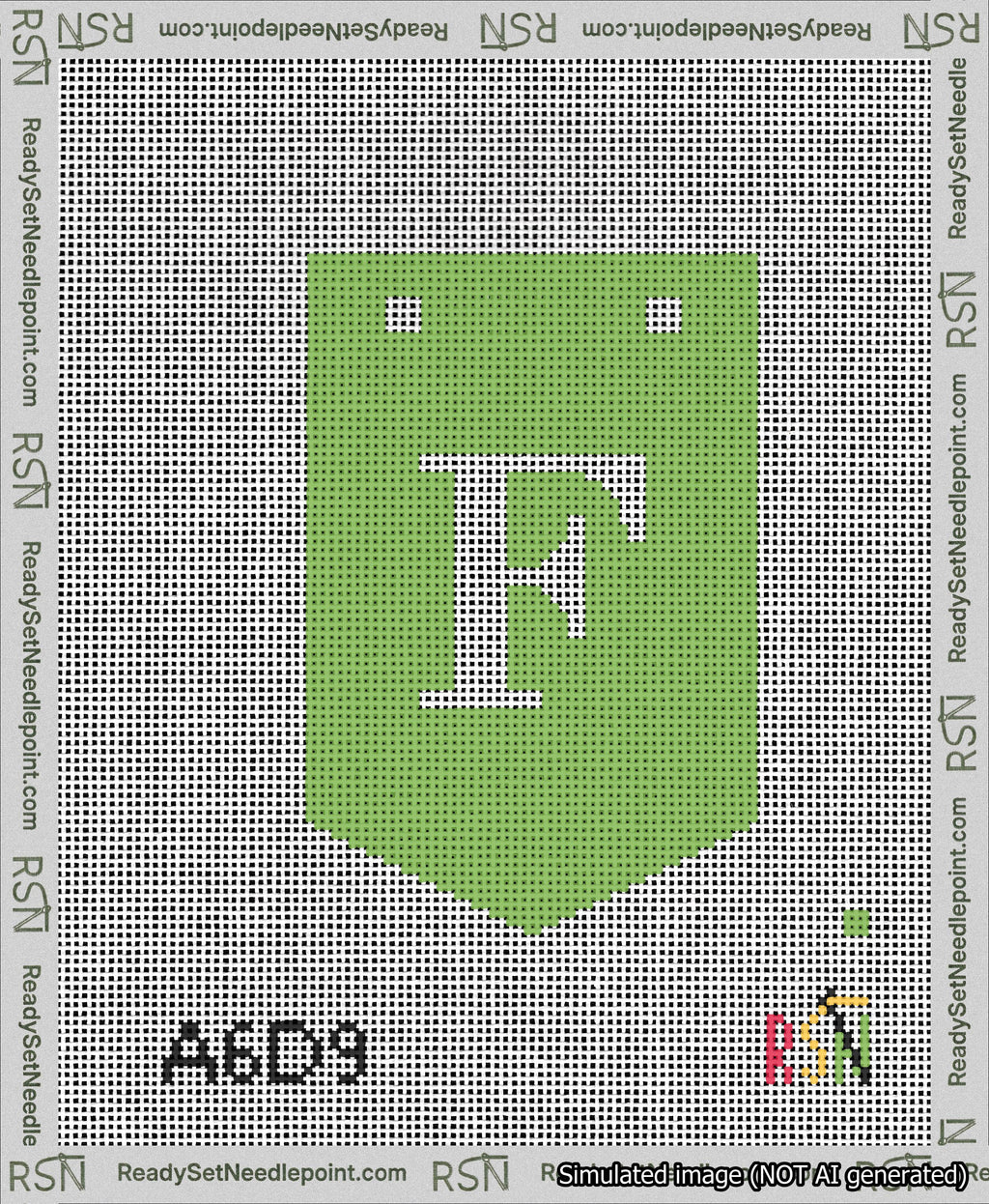 A taped needlepoint canvas with the design: Banner 13 mesh count Pointed F White on Light Green.