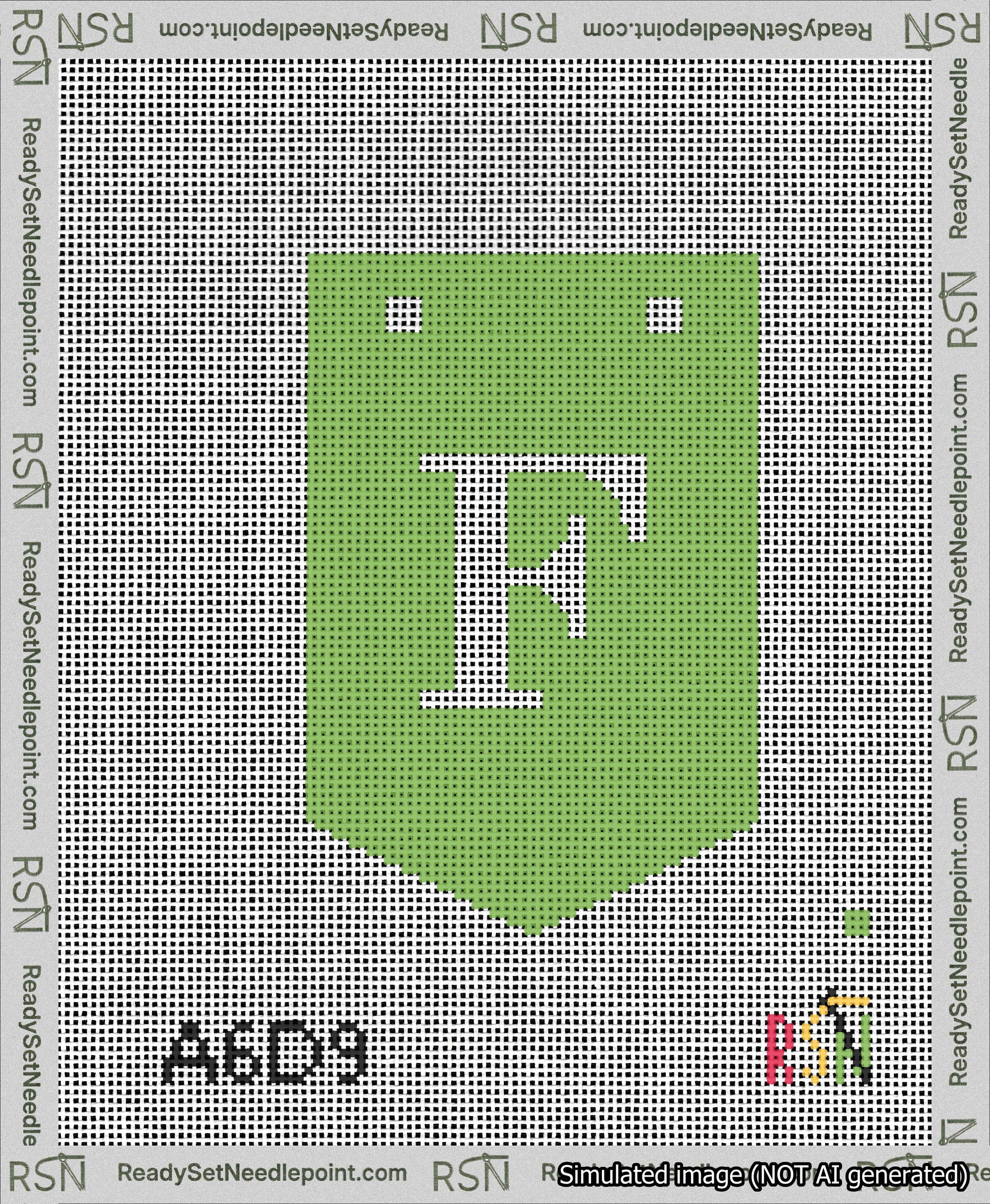 A taped needlepoint canvas with the design: Banner 13 mesh count Pointed F White on Light Green.