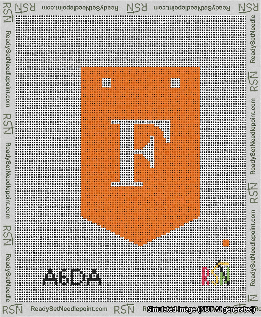 A taped needlepoint canvas with the design: Banner 13 mesh count Pointed F White on Orange.