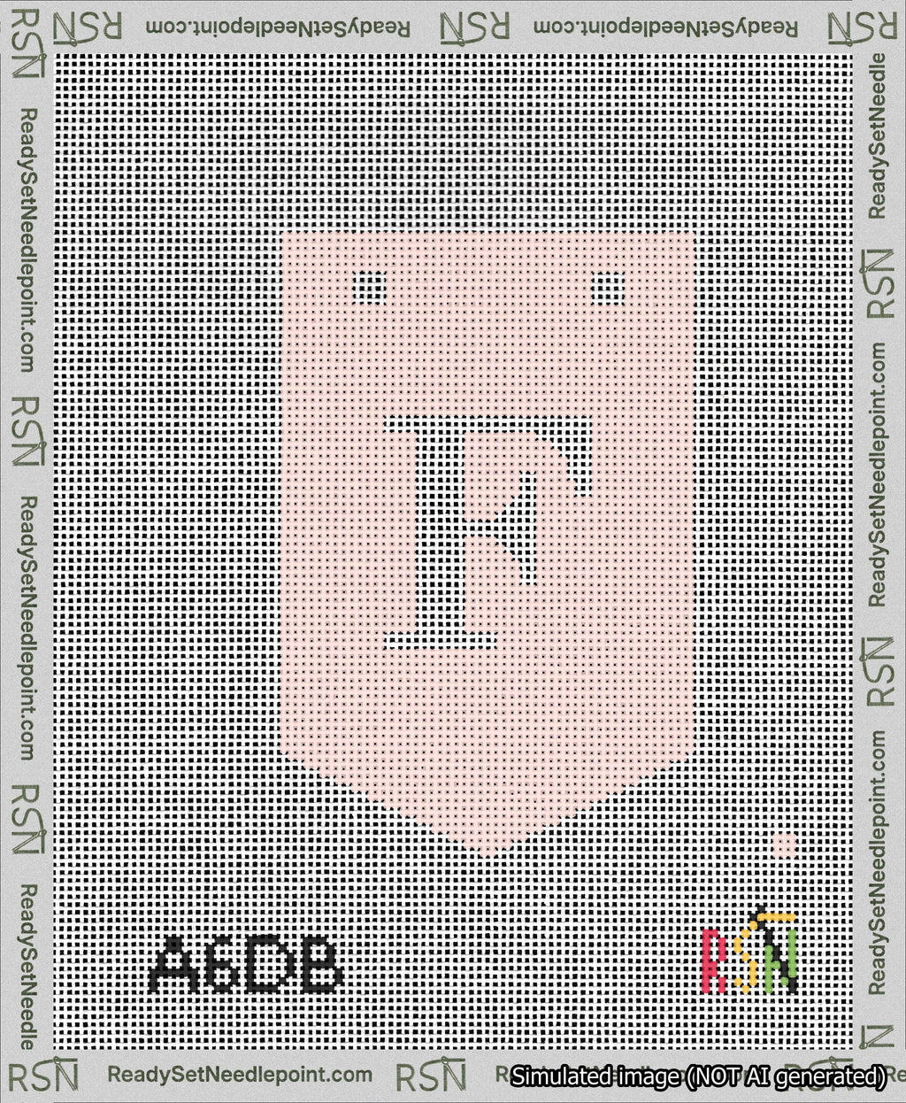 A taped needlepoint canvas with the design: Banner 13 mesh count Pointed F White on Pink.