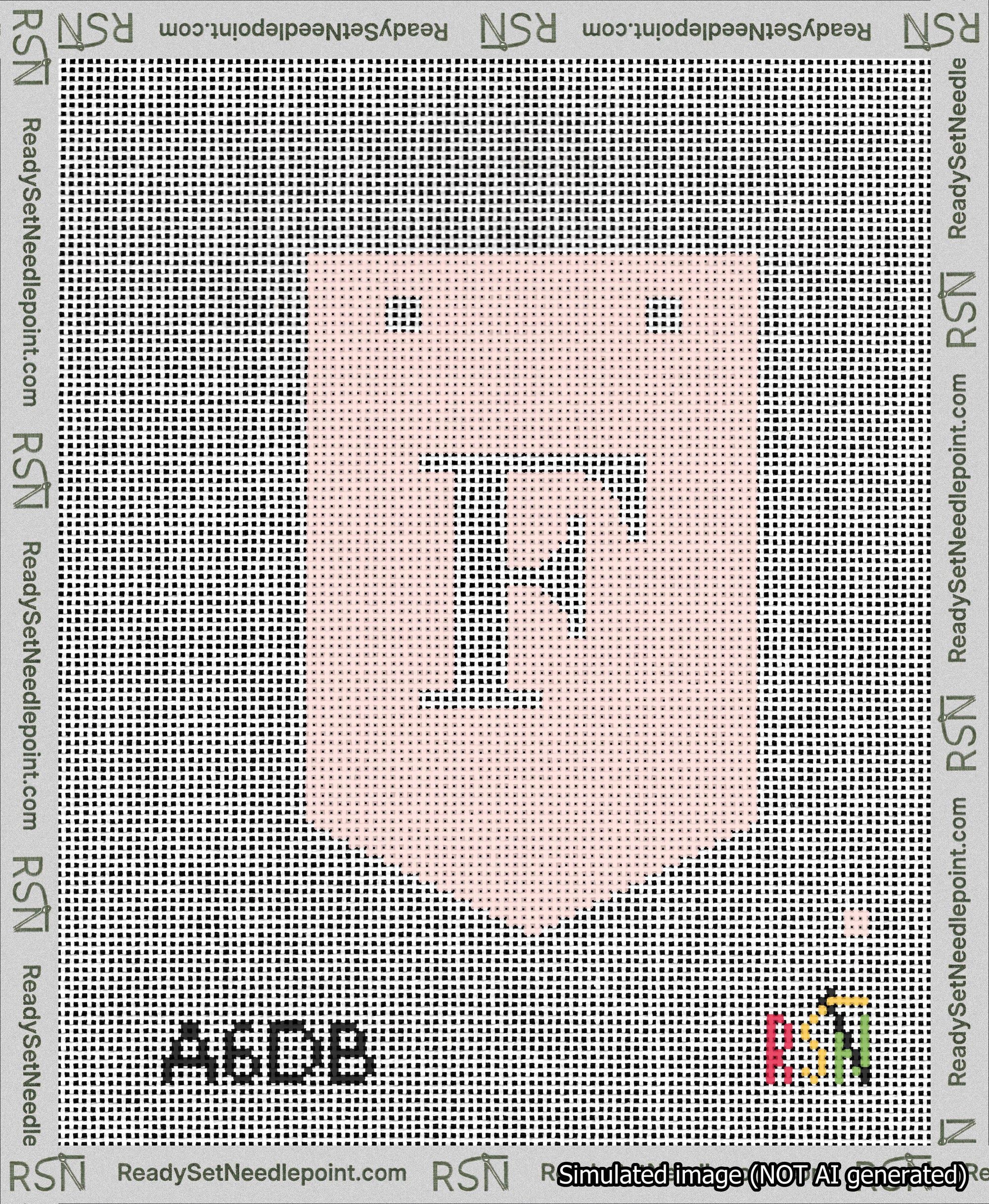 A taped needlepoint canvas with the design: Banner 13 mesh count Pointed F White on Pink.
