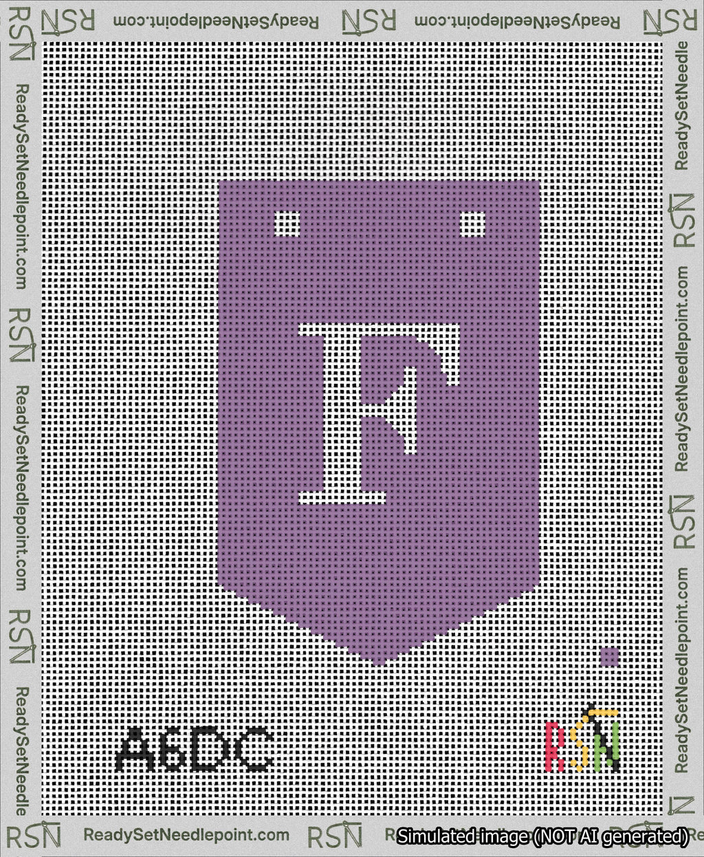 A taped needlepoint canvas with the design: Banner 13 mesh count Pointed F White on Purple.