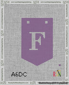 A taped needlepoint canvas with the design: Banner 13 mesh count Pointed F White on Purple.