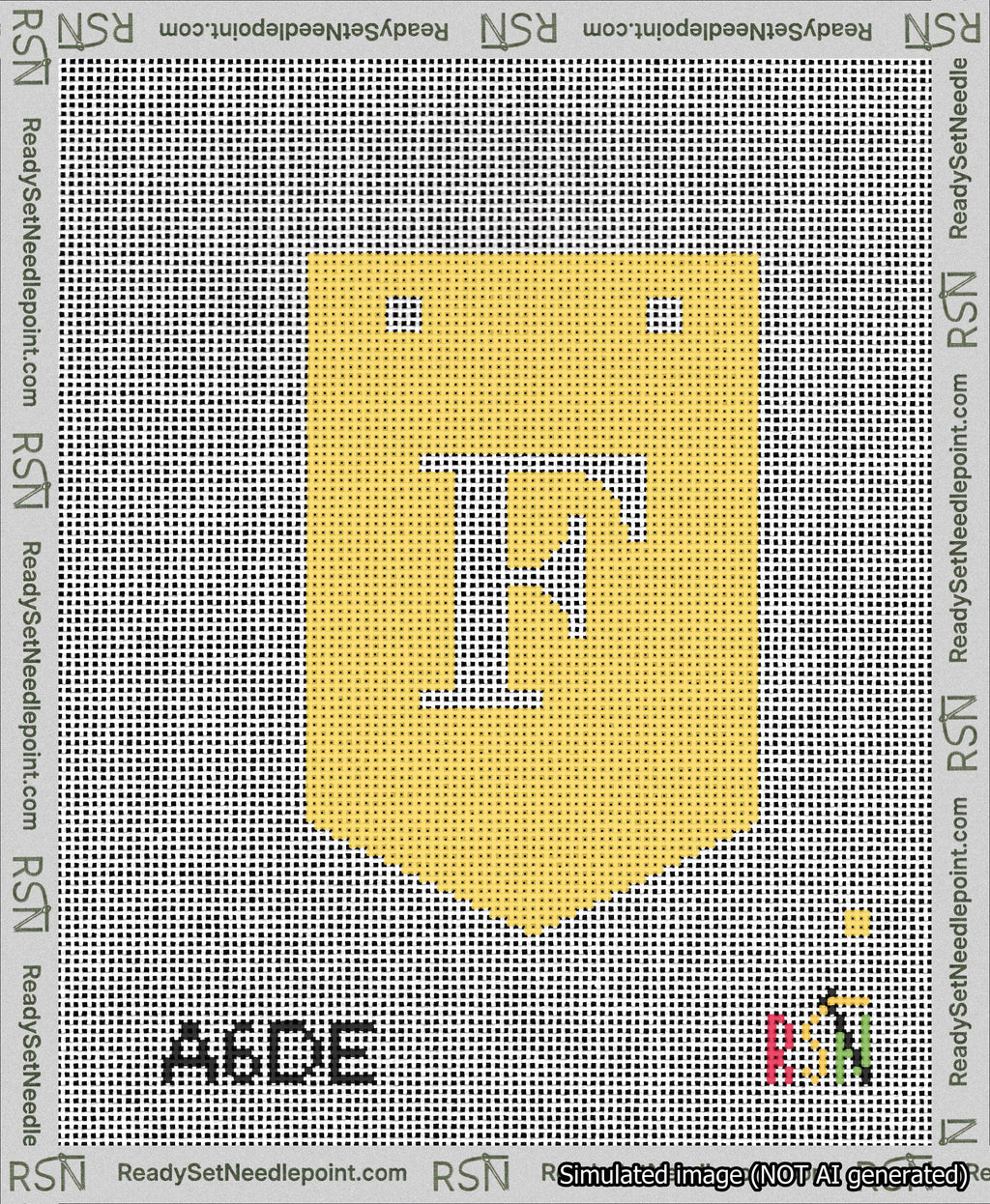 A taped needlepoint canvas with the design: Banner 13 mesh count Pointed F White on Yellow.