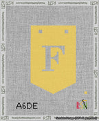 A taped needlepoint canvas with the design: Banner 13 mesh count Pointed F White on Yellow.