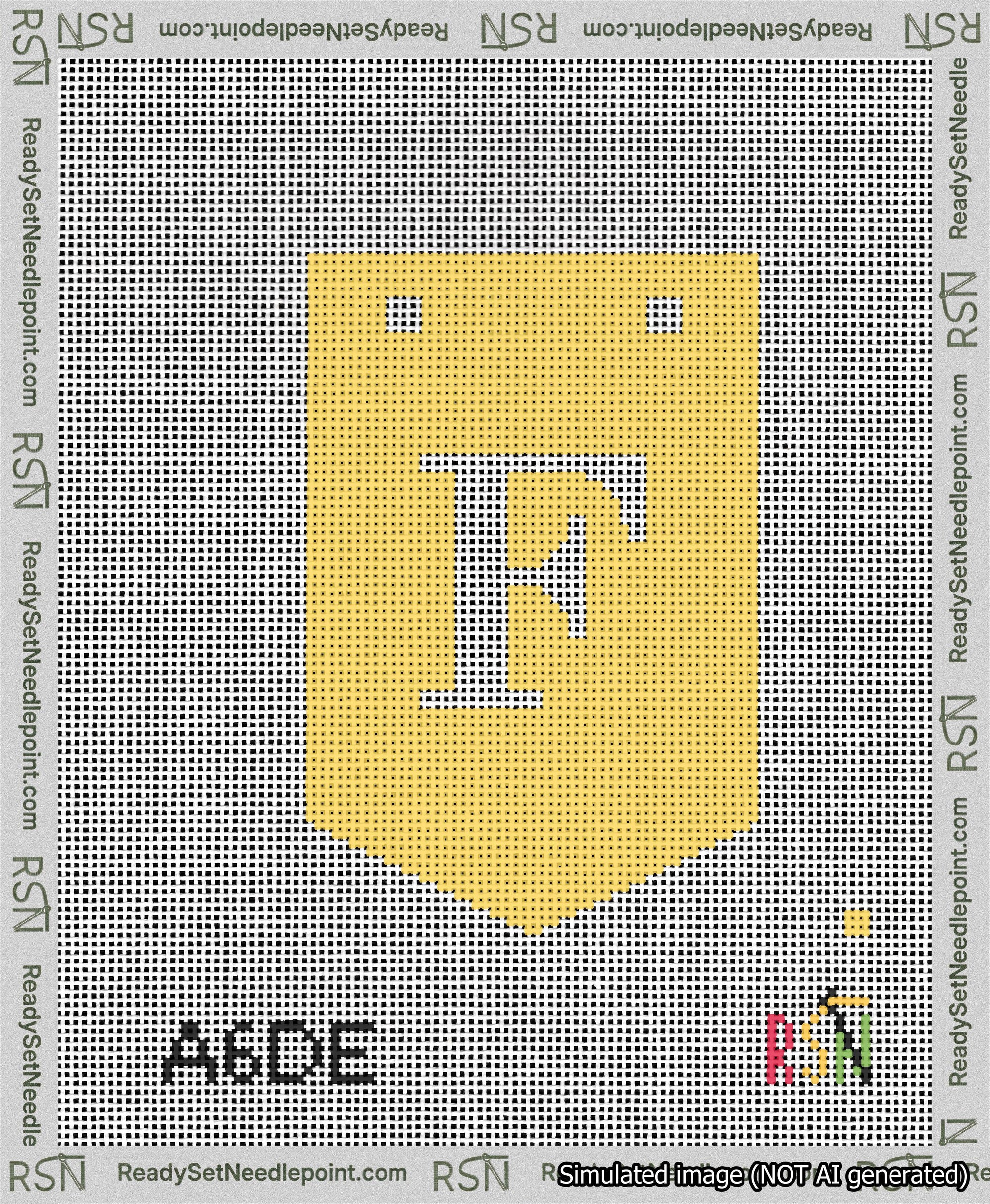 A taped needlepoint canvas with the design: Banner 13 mesh count Pointed F White on Yellow.
