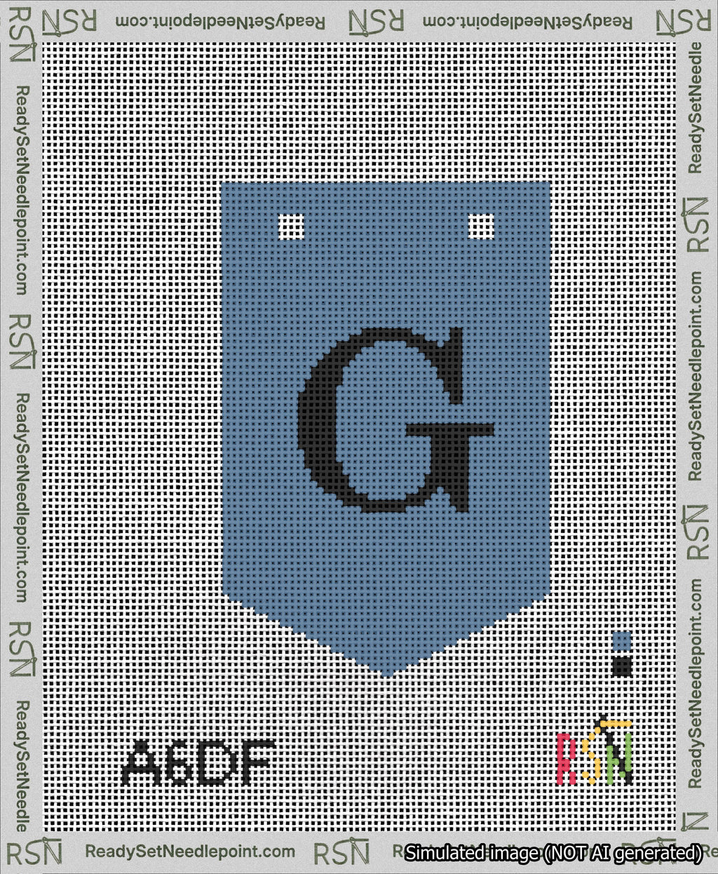 A taped needlepoint canvas with the design: Banner 13 mesh count Pointed G Black on Blue.