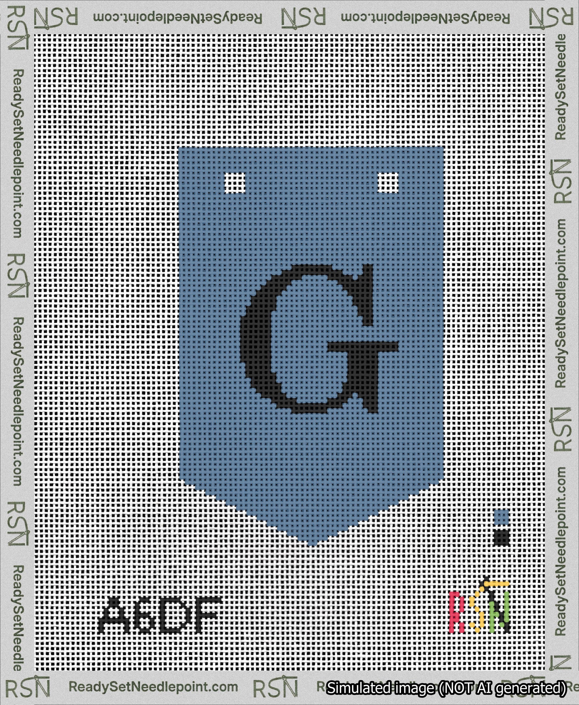 A taped needlepoint canvas with the design: Banner 13 mesh count Pointed G Black on Blue.