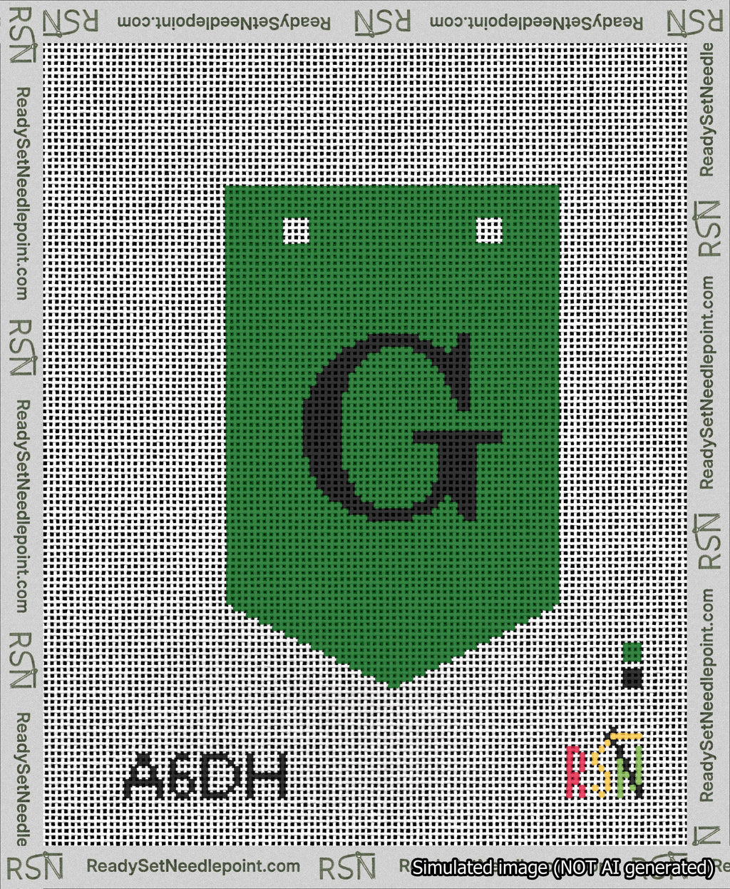 A taped needlepoint canvas with the design: Banner 13 mesh count Pointed G Black on Green.