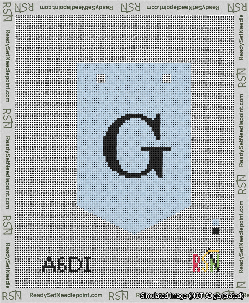 A taped needlepoint canvas with the design: Banner 13 mesh count Pointed G Black on Light Blue.