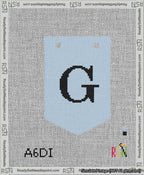 A taped needlepoint canvas with the design: Banner 13 mesh count Pointed G Black on Light Blue.