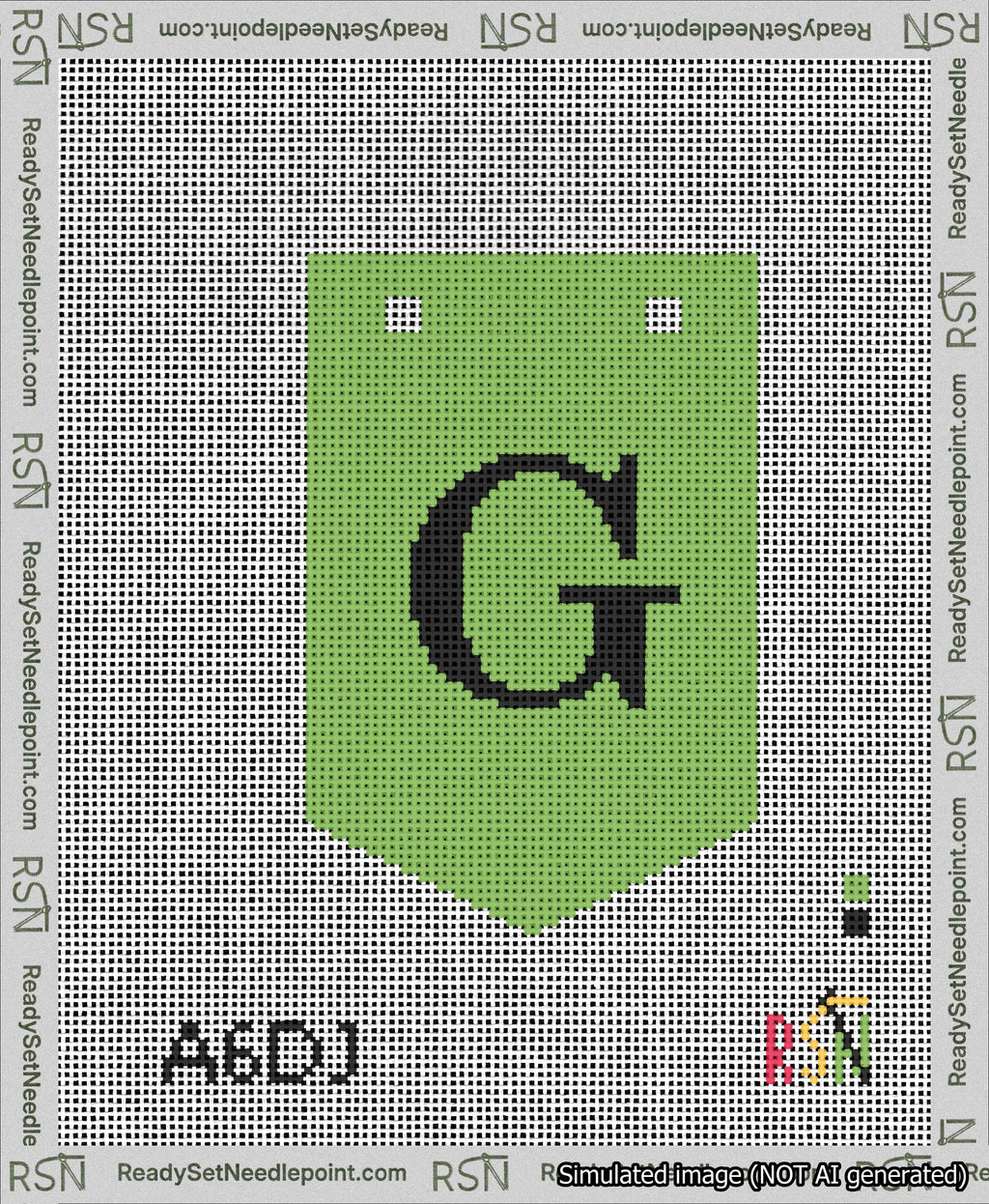 A taped needlepoint canvas with the design: Banner 13 mesh count Pointed G Black on Light Green.