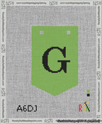 A taped needlepoint canvas with the design: Banner 13 mesh count Pointed G Black on Light Green.