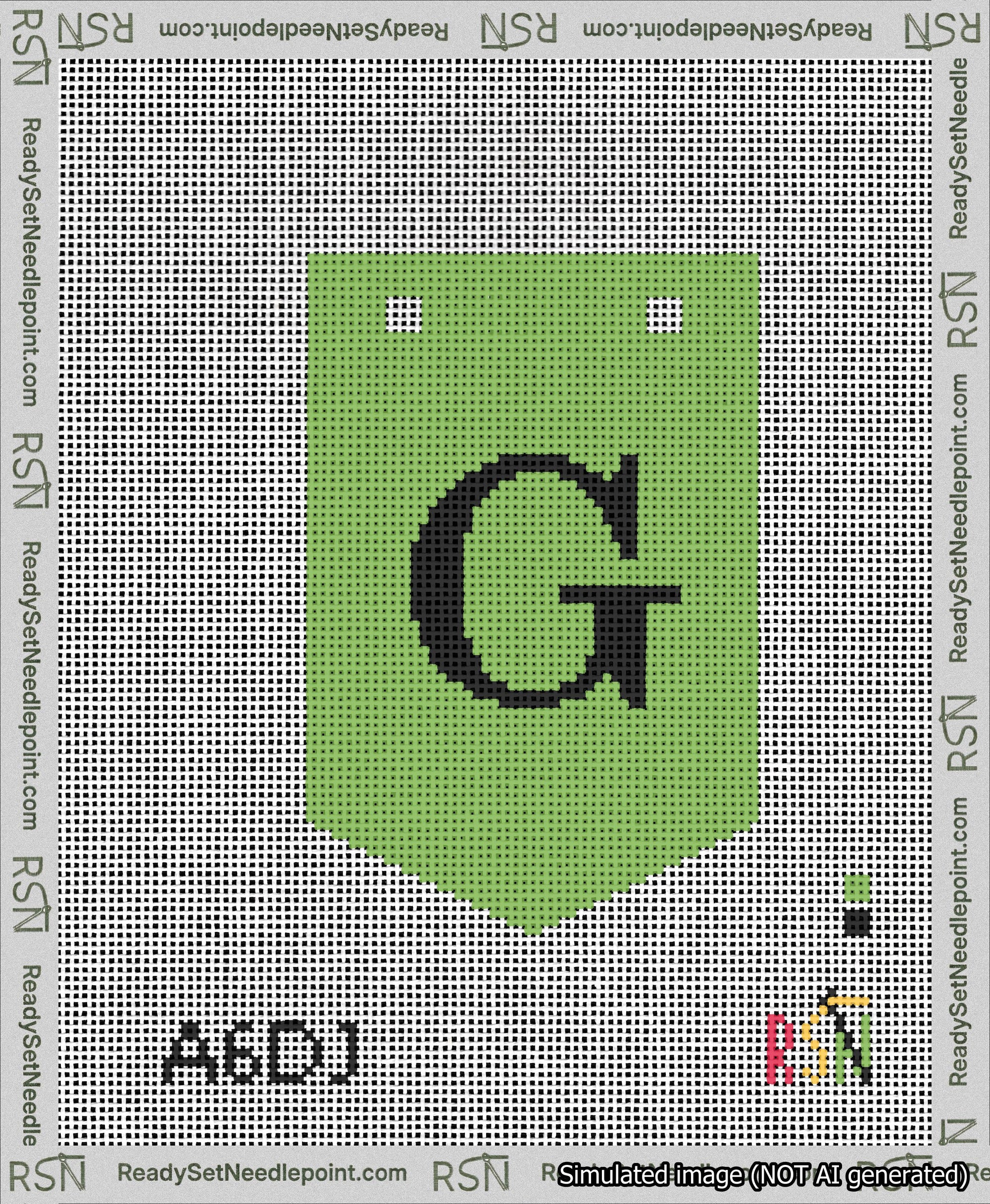 A taped needlepoint canvas with the design: Banner 13 mesh count Pointed G Black on Light Green.