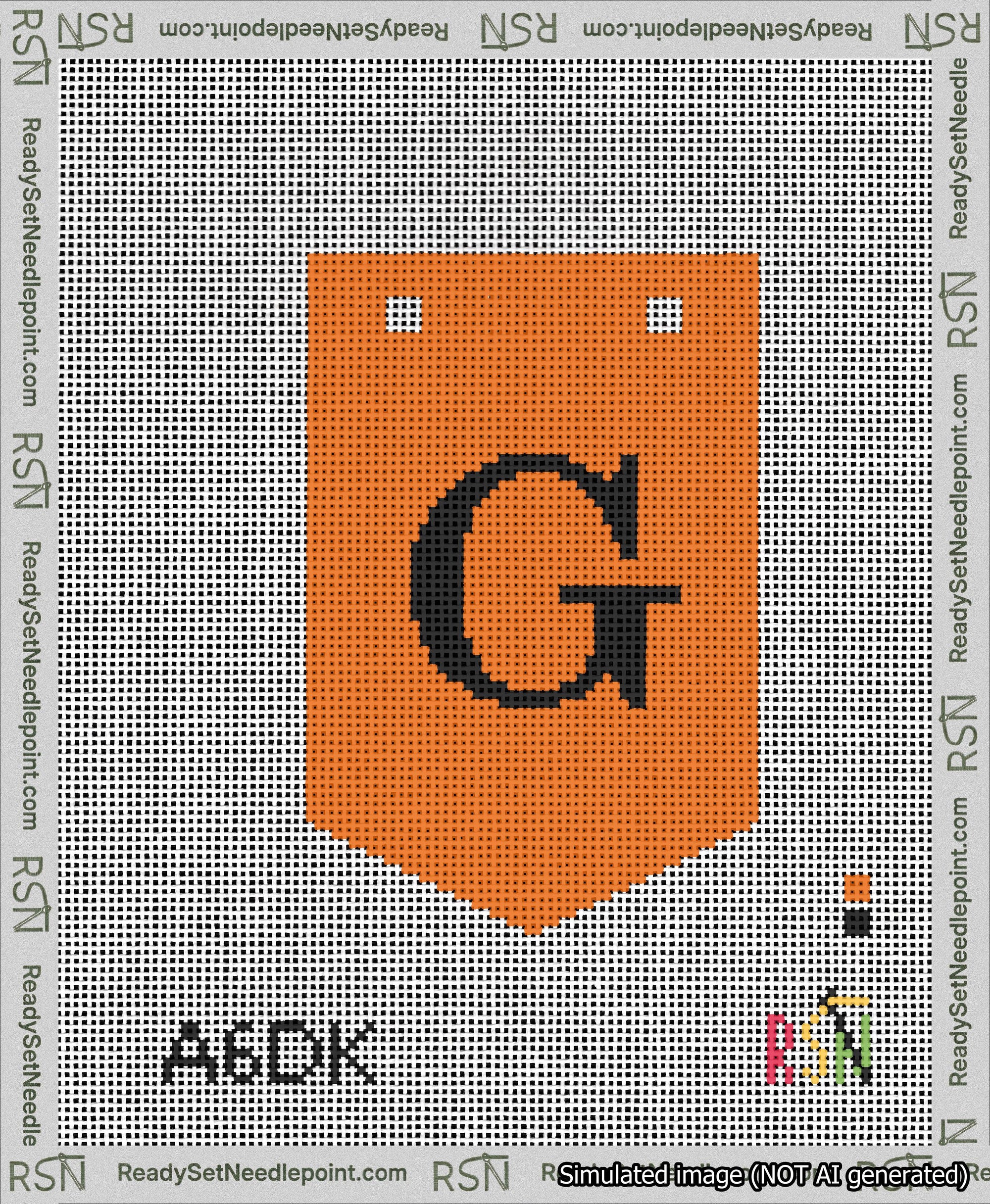 A taped needlepoint canvas with the design: Banner 13 mesh count Pointed G Black on Orange.