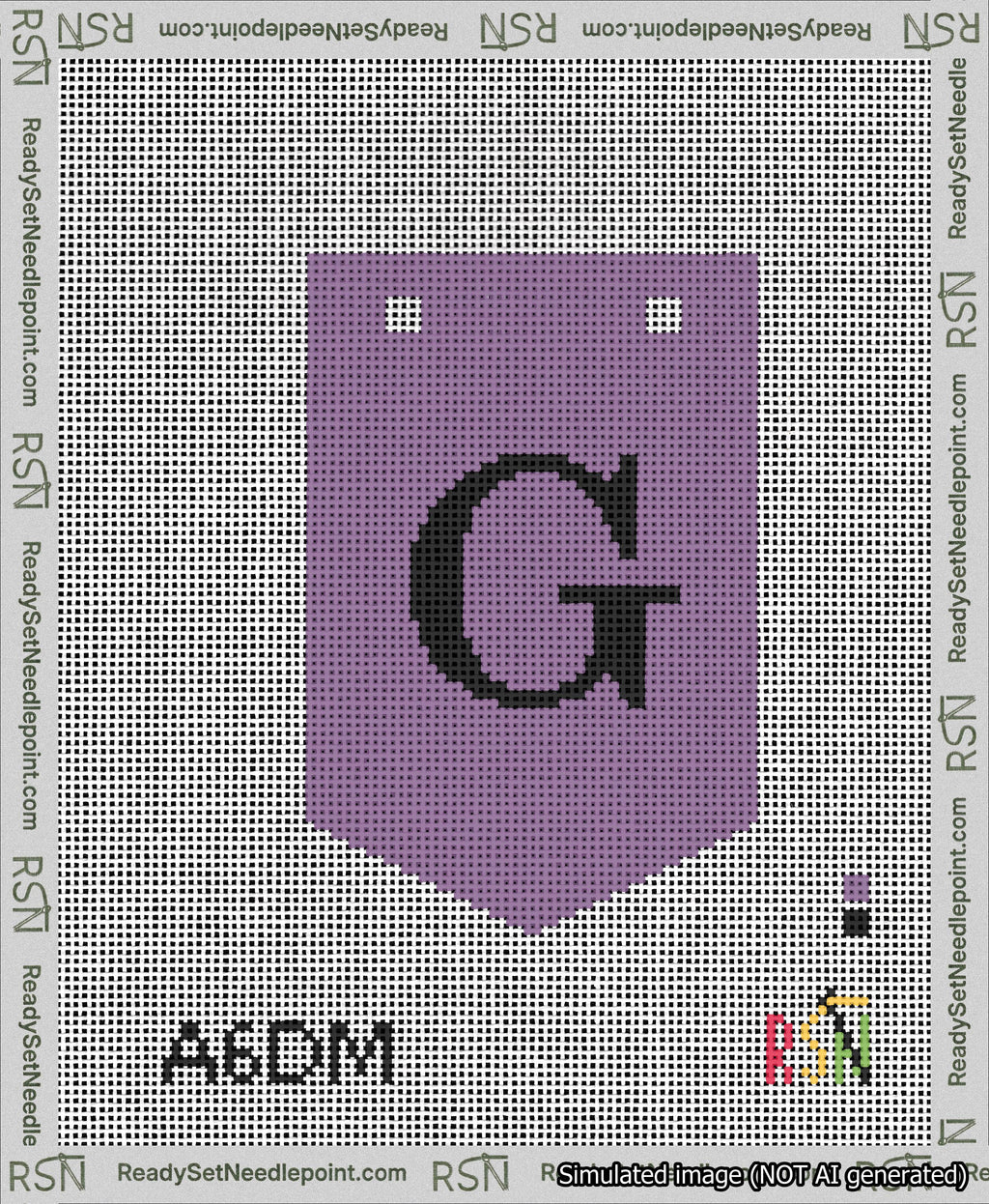 A taped needlepoint canvas with the design: Banner 13 mesh count Pointed G Black on Purple.