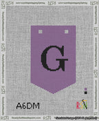 A taped needlepoint canvas with the design: Banner 13 mesh count Pointed G Black on Purple.