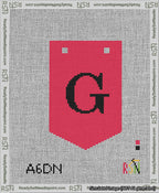 A taped needlepoint canvas with the design: Banner 13 mesh count Pointed G Black on Red.