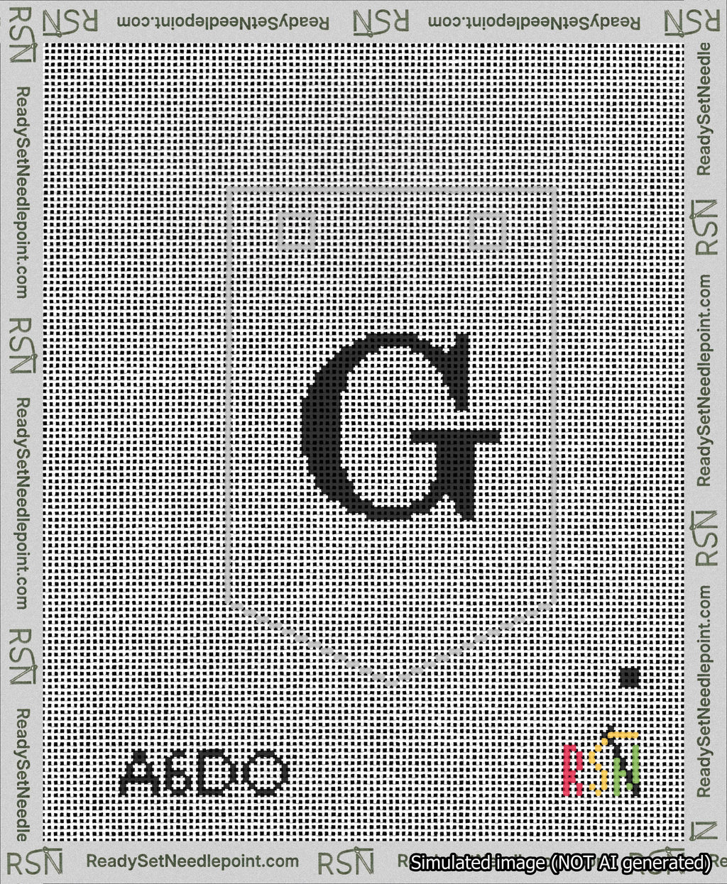 A taped needlepoint canvas with the design: Banner 13 mesh count Pointed G Black on White.