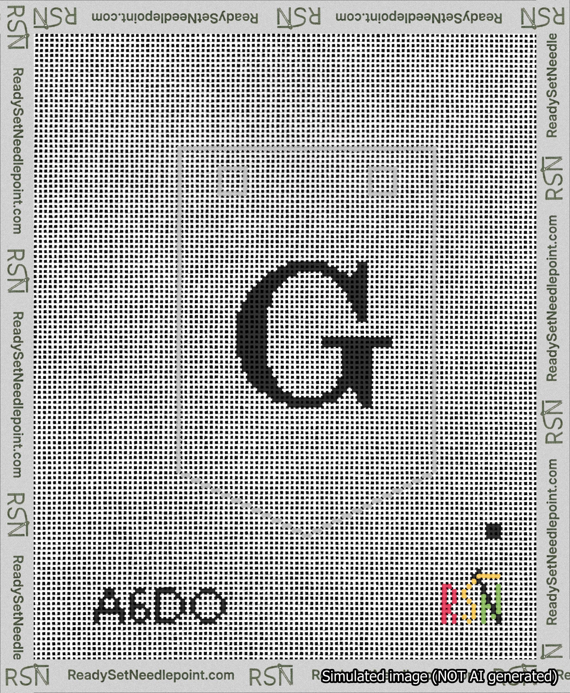 A taped needlepoint canvas with the design: Banner 13 mesh count Pointed G Black on White.