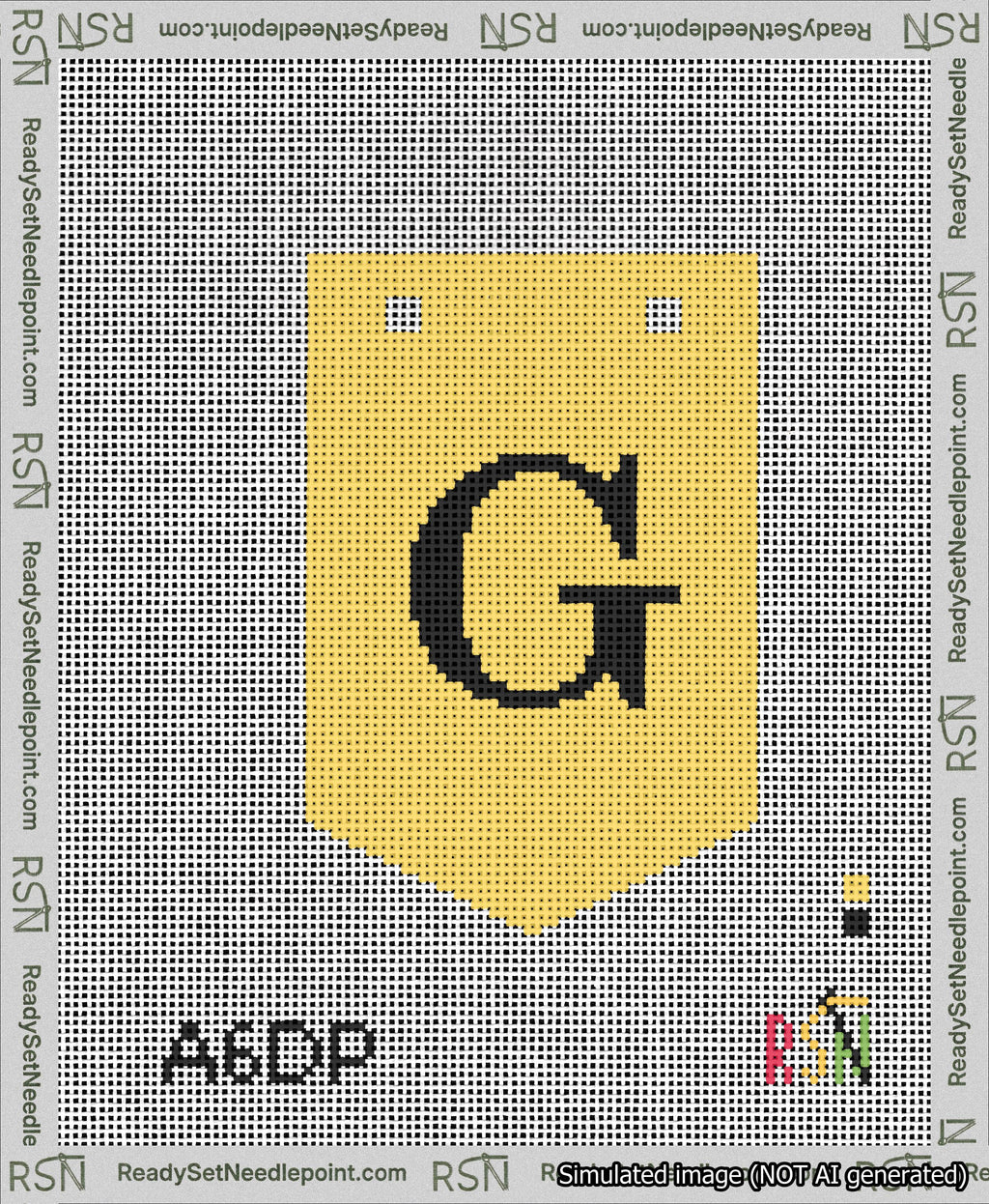 A taped needlepoint canvas with the design: Banner 13 mesh count Pointed G Black on Yellow.