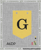 A taped needlepoint canvas with the design: Banner 13 mesh count Pointed G Black on Yellow.