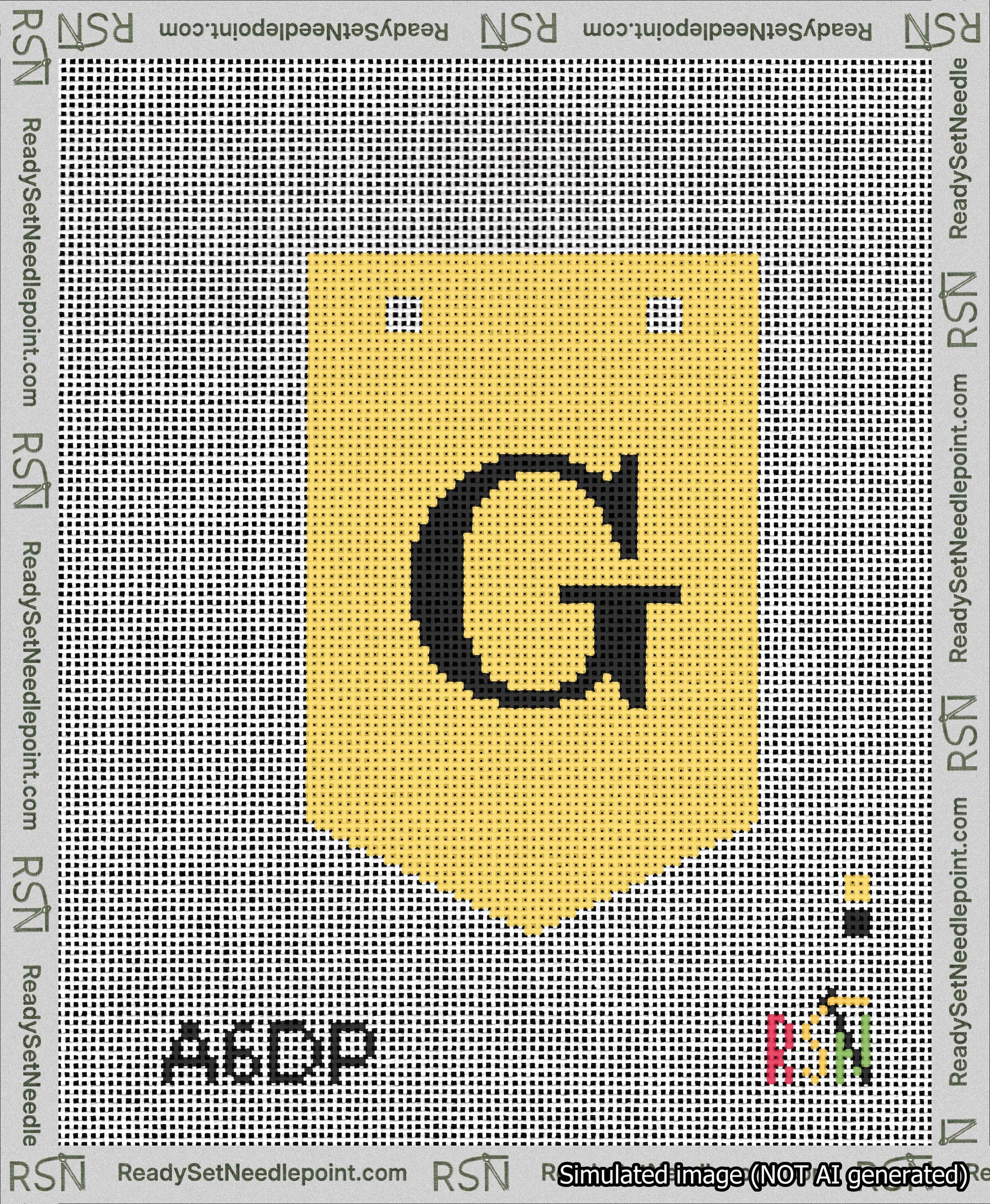 A taped needlepoint canvas with the design: Banner 13 mesh count Pointed G Black on Yellow.