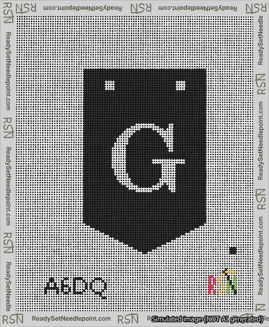 A taped needlepoint canvas with the design: Banner 13 mesh count Pointed G White on Black.
