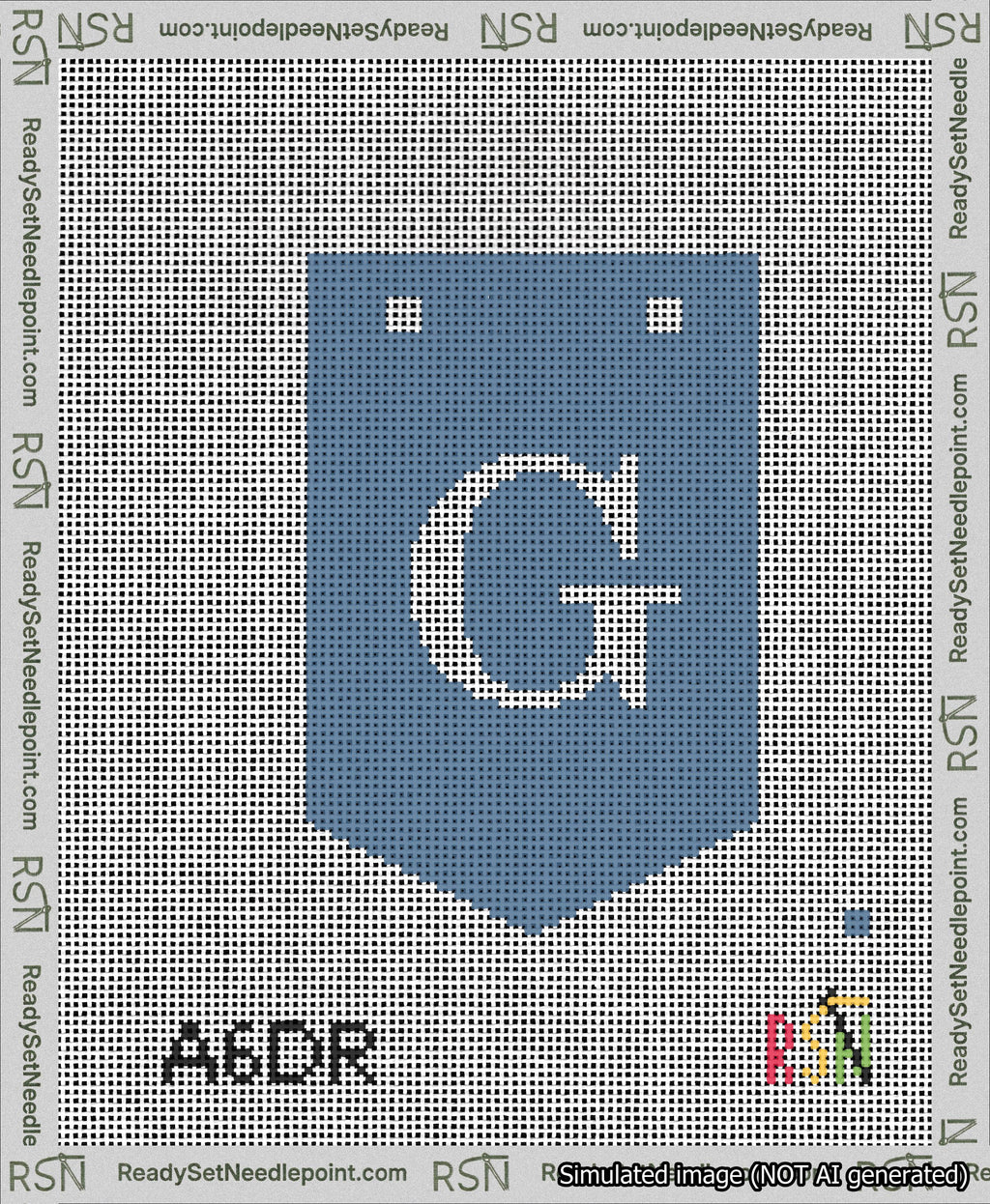 A taped needlepoint canvas with the design: Banner 13 mesh count Pointed G White on Blue.