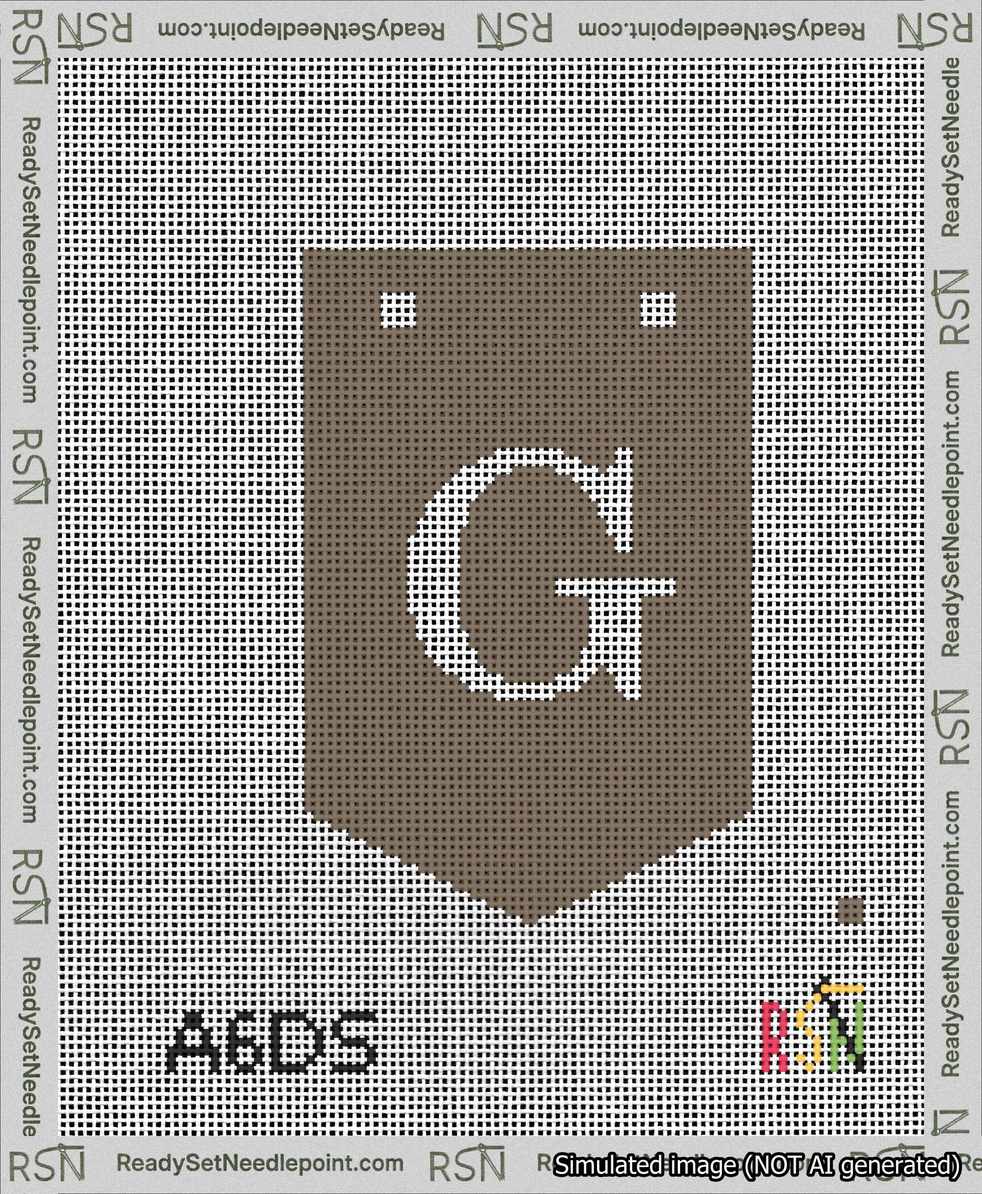 A taped needlepoint canvas with the design: Banner 13 mesh count Pointed G White on Brown.