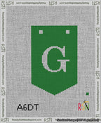 A taped needlepoint canvas with the design: Banner 13 mesh count Pointed G White on Green.
