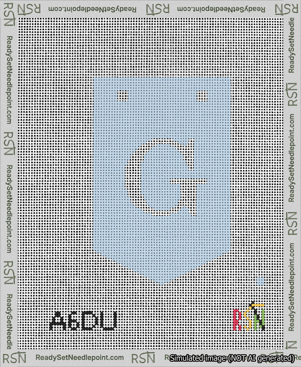 A taped needlepoint canvas with the design: Banner 13 mesh count Pointed G White on Light Blue.