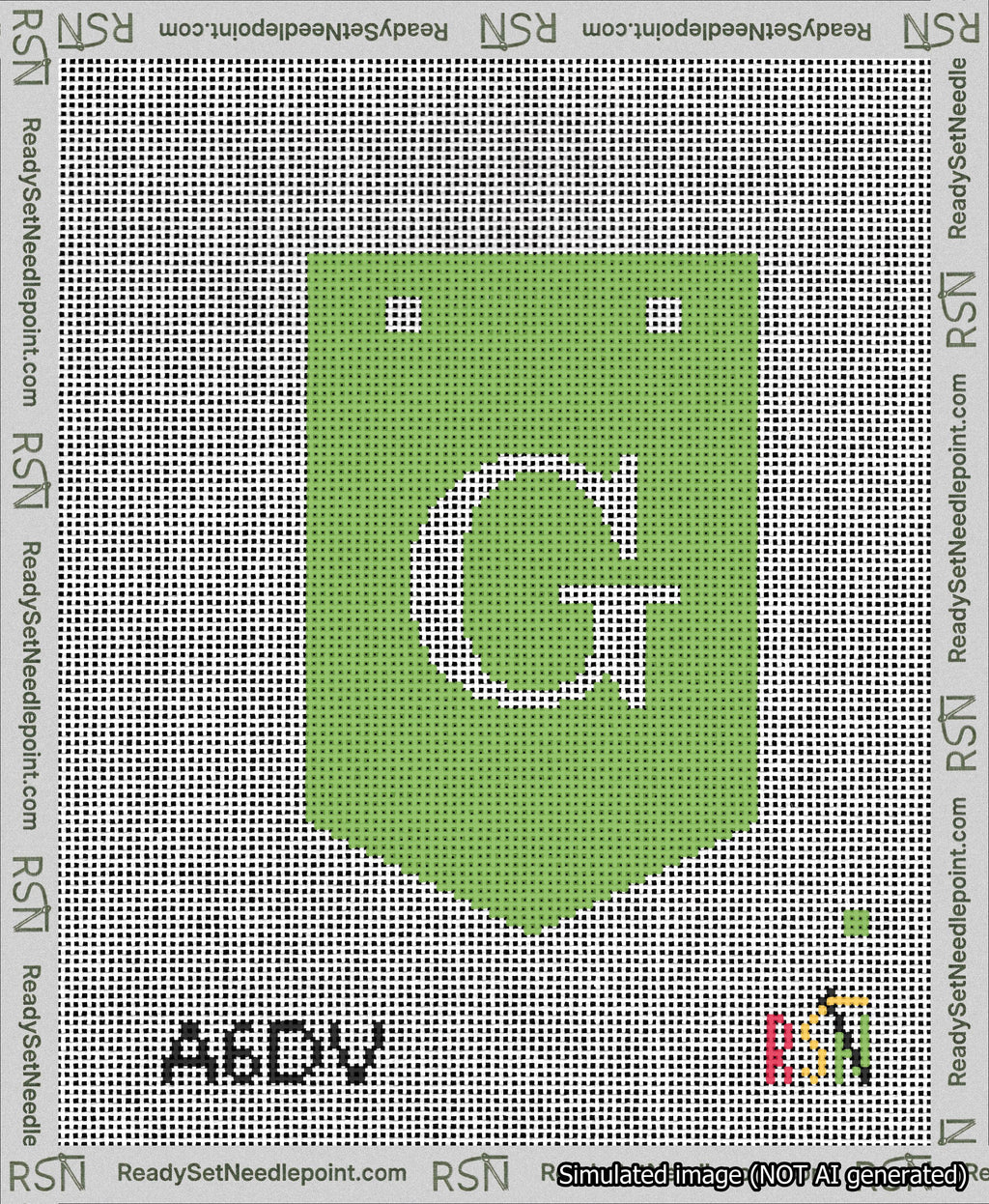 A taped needlepoint canvas with the design: Banner 13 mesh count Pointed G White on Light Green.