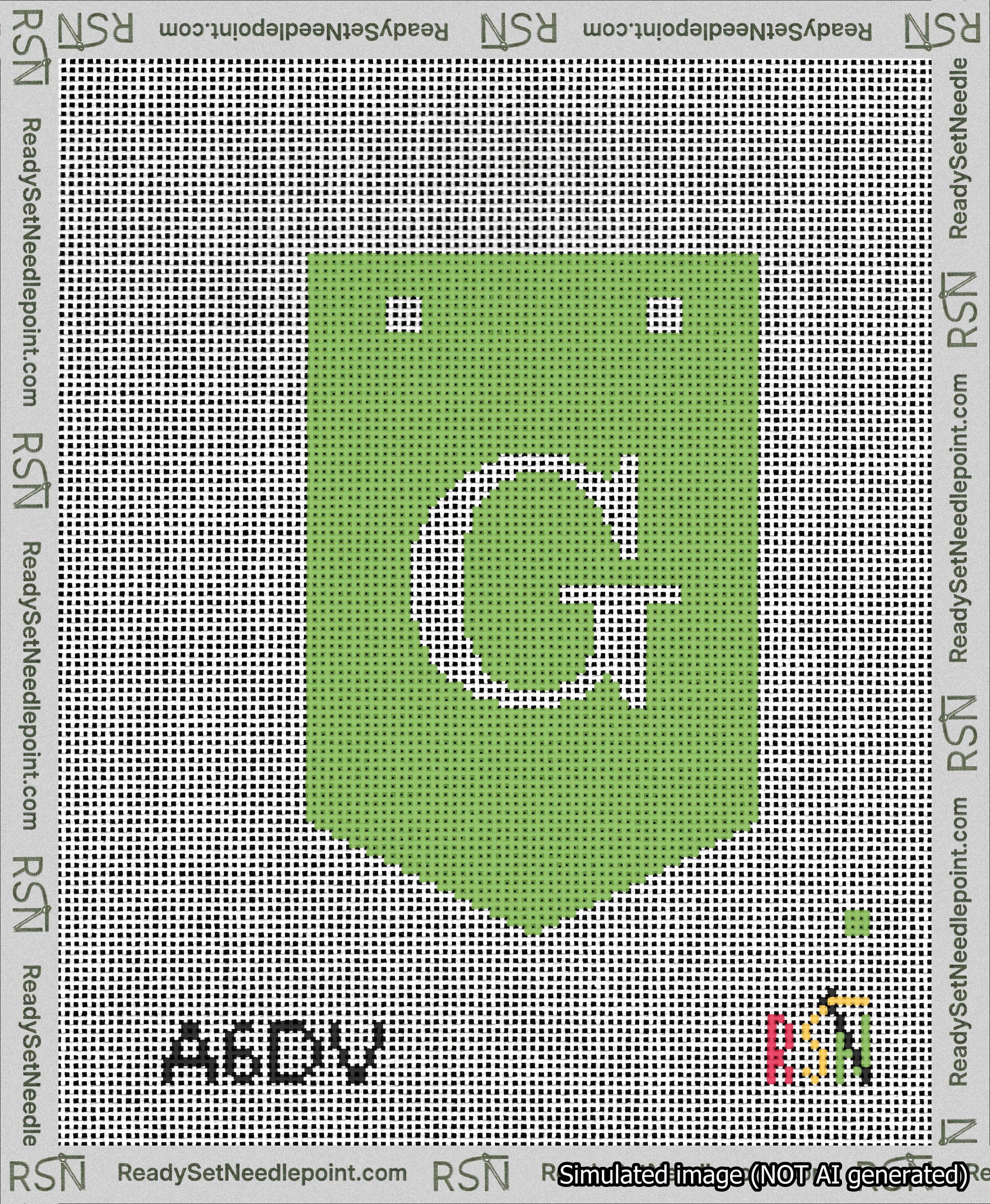 A taped needlepoint canvas with the design: Banner 13 mesh count Pointed G White on Light Green.