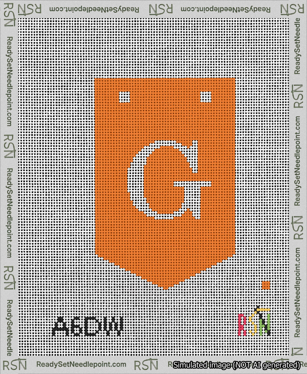 A taped needlepoint canvas with the design: Banner 13 mesh count Pointed G White on Orange.