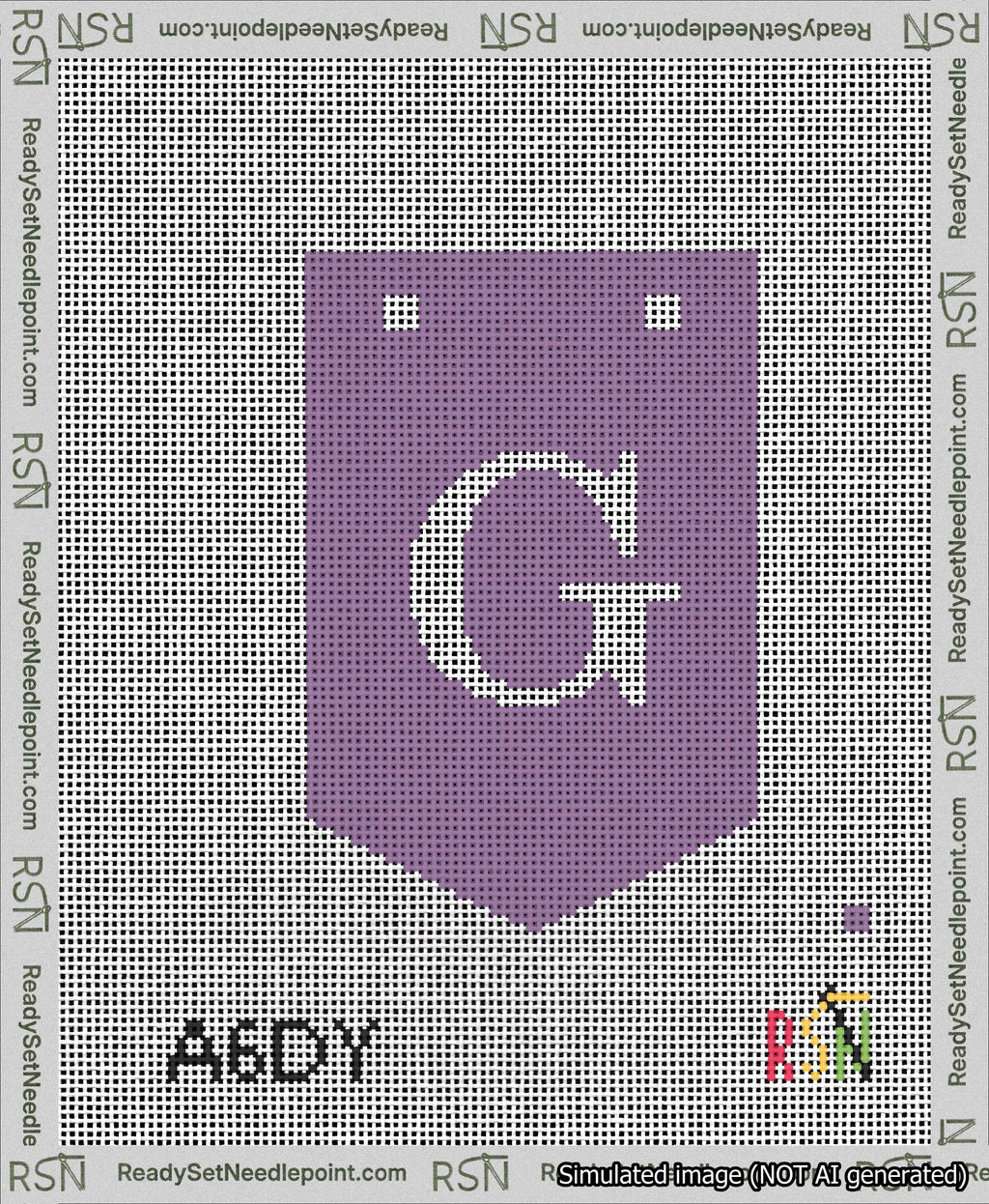 A taped needlepoint canvas with the design: Banner 13 mesh count Pointed G White on Purple.