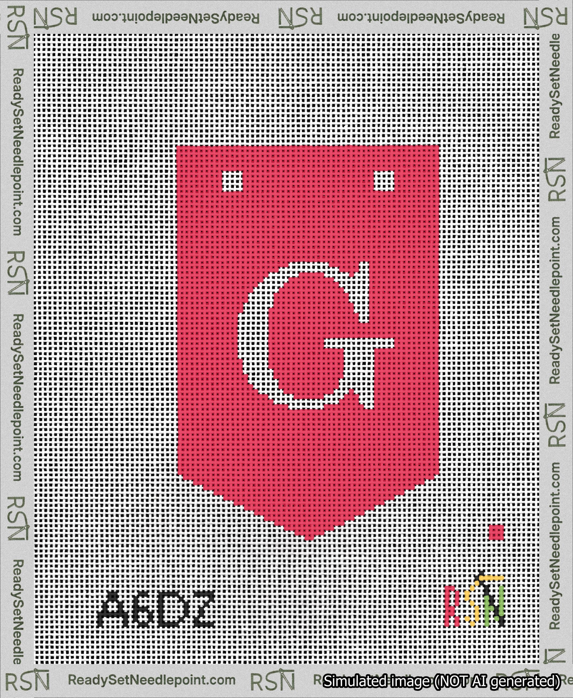 A taped needlepoint canvas with the design: Banner 13 mesh count Pointed G White on Red.
